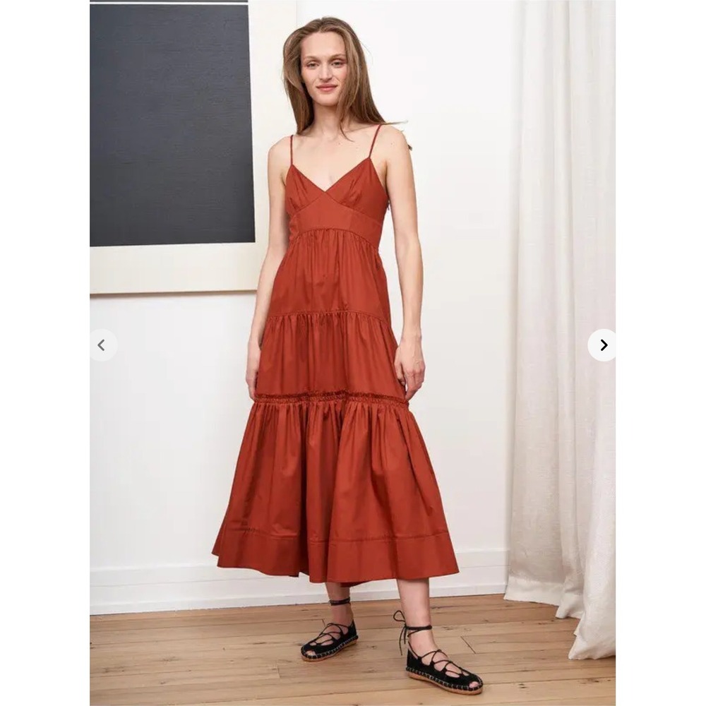 LA LIGNE Beatrix Dress Spice Brown Cotton Poplin Tiered Midi Sleeveless Sz L